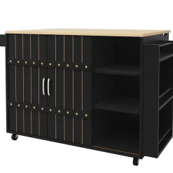 Îlot de Cuisine - avec Plan de Travail, Tiroirs et Portes Coulissantes, Étagère à Épices, Porte-Serviettes, Noir 110x42x90 cm