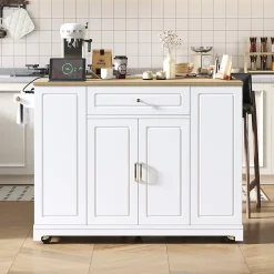 Îlot de cuisine avec Tiroirs et Compartiment Poubelle - Plateau Rabattable Extensible, MDF, Blanc+Nature 131,8x40-70x93,3 cm