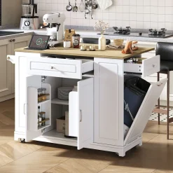 Îlot de cuisine avec Tiroirs et Compartiment Poubelle - Plateau Rabattable Extensible, MDF, Blanc+Nature 131,8x40-70x93,3 cm