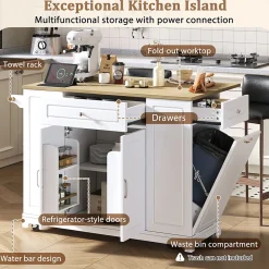 Îlot de cuisine avec Tiroirs et Compartiment Poubelle - Plateau Rabattable Extensible, MDF, Blanc+Nature 131,8x40-70x93,3 cm