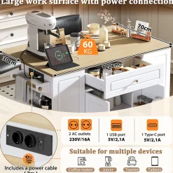 Îlot de cuisine avec Tiroirs et Compartiment Poubelle - Plateau Rabattable Extensible, MDF, Blanc+Nature 131,8x40-70x93,3 cm