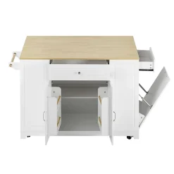 Îlot de cuisine avec Tiroirs et Compartiment Poubelle - Plateau Rabattable Extensible, MDF, Blanc+Nature 131,8x40-70x93,3 cm