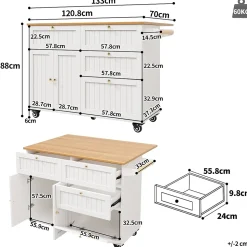 Îlot de cuisine - Buffet de Cuisine Multifonction avec Rangements Extensibles et Tiroirs, MDF et Métal, 120,8x37,3x88 cm, Blanc