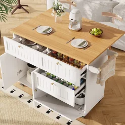 Îlot de cuisine - Buffet de Cuisine Multifonction avec Rangements Extensibles et Tiroirs, MDF et Métal, 120,8x37,3x88 cm, Blanc