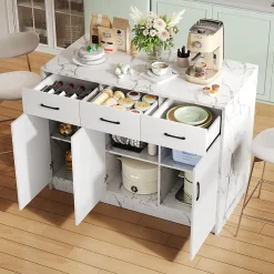 Îlot de Cuisine - Desserte avec 3 Tiroirs Silencieux, 3 Portes et Étagères Réglables, Effet Marbre Blanc, 120x60x90,5 cm