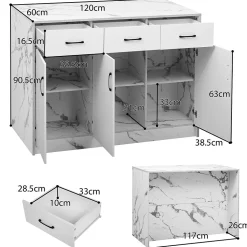 Îlot de Cuisine - Desserte avec 3 Tiroirs Silencieux, 3 Portes et Étagères Réglables, Effet Marbre Blanc, 120x60x90,5 cm