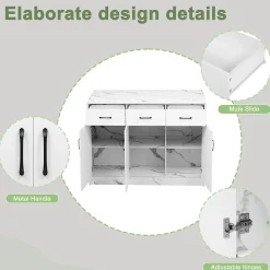 Îlot de Cuisine - Desserte avec 3 Tiroirs Silencieux, 3 Portes et Étagères Réglables, Effet Marbre Blanc, 120x60x90,5 cm