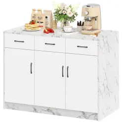 Îlot de Cuisine - Desserte avec 3 Tiroirs Silencieux, 3 Portes et Étagères Réglables, Effet Marbre Blanc, 120x60x90,5 cm