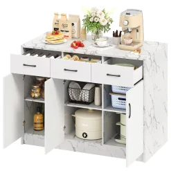 Îlot de Cuisine - Desserte avec 3 Tiroirs Silencieux, 3 Portes et Étagères Réglables, Effet Marbre Blanc, 120x60x90,5 cm