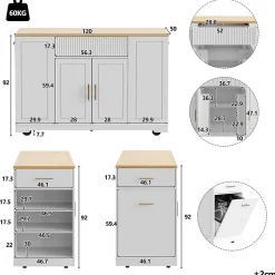 Îlot de Cuisine - desserte de Cuisine avec Rangement et Étagères, MDF Métal, 120x50x92 cm, Blanc