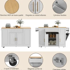 Îlot de Cuisine - desserte de Cuisine avec Rangement et Étagères, MDF Métal, 120x50x92 cm, Blanc