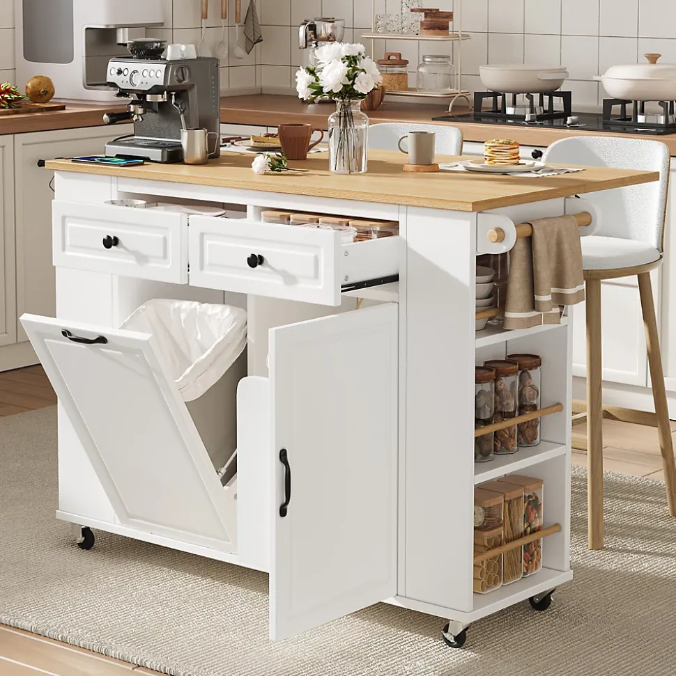 Îlot de Cuisine - Desserte de Cuisine avec Plan de Travail Rabattable et Compartiments de Poubelle - MDF + PB - Blanc