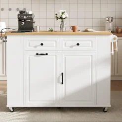 Îlot de Cuisine - Desserte de Cuisine avec Plan de Travail Rabattable et Compartiments de Poubelle - MDF + PB - Blanc