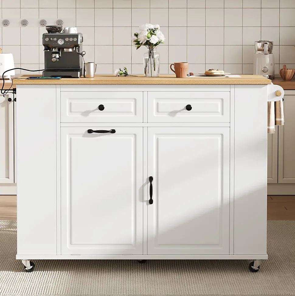 Îlot de Cuisine - Desserte de Cuisine avec Plan de Travail Rabattable et Compartiments de Poubelle - MDF + PB - Blanc