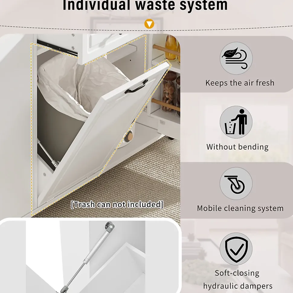 Îlot de Cuisine - Desserte de Cuisine avec Plan de Travail Rabattable et Compartiments de Poubelle - MDF + PB - Blanc