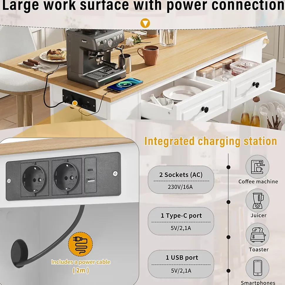 Îlot de Cuisine - Desserte de Cuisine avec Plan de Travail Rabattable et Compartiments de Poubelle - MDF + PB - Blanc