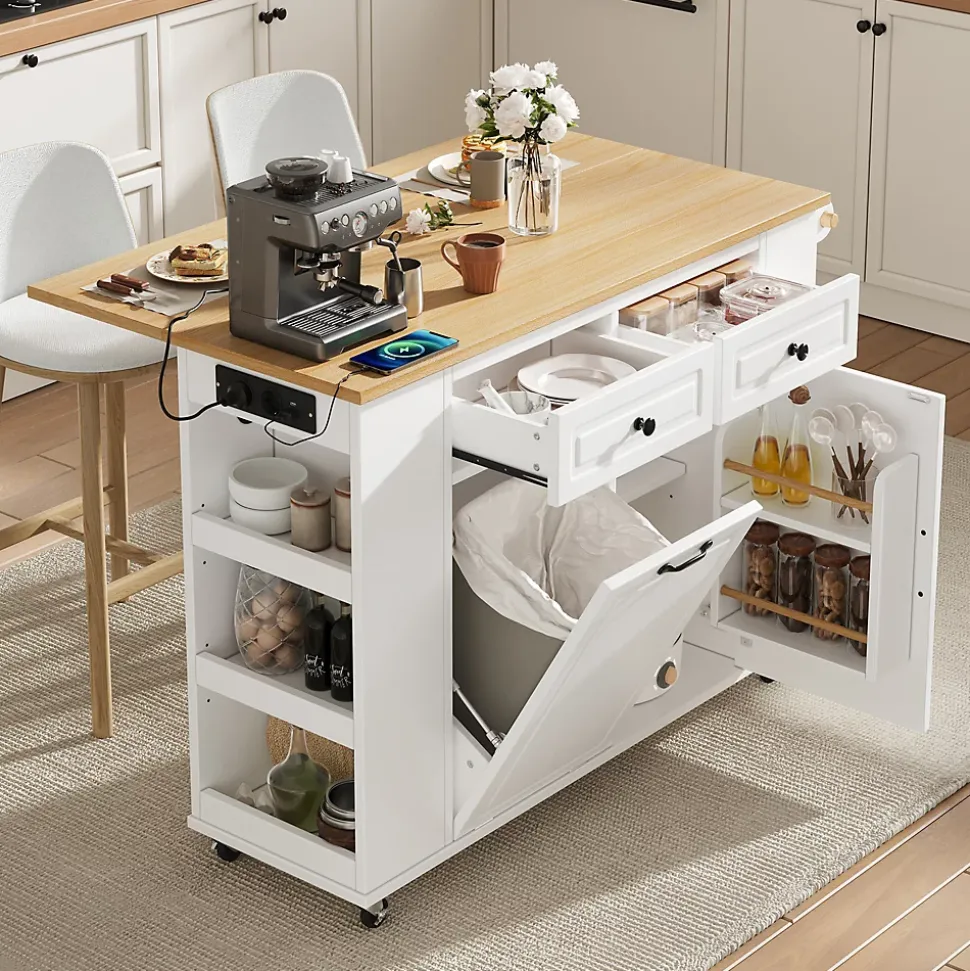 Îlot de Cuisine - Desserte de Cuisine avec Plan de Travail Rabattable et Compartiments de Poubelle - MDF + PB - Blanc