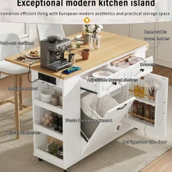 Îlot de Cuisine - Desserte de Cuisine avec Plan de Travail Rabattable et Compartiments de Poubelle - MDF + PB - Blanc