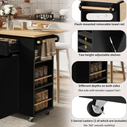 Îlot de Cuisine - Desserte de Cuisine avec Plan de Travail Rabattable et Compartiments de Poubelle - MDF + PB - Noir