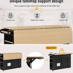 Îlot de Cuisine - Desserte de Cuisine avec Plan de Travail Rabattable et Compartiments de Poubelle - MDF + PB - Noir