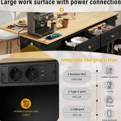Îlot de Cuisine - Desserte de Cuisine avec Plan de Travail Rabattable et Compartiments de Poubelle - MDF + PB - Noir