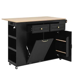 Îlot de Cuisine - Desserte de Cuisine avec Plan de Travail Rabattable et Compartiments de Poubelle - MDF + PB - Noir