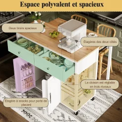 Îlot de Cuisine - desserte Multifonction avec Rangement Ajustable et Porte-Serviettes - Métal, MDF - Blanc 120x50-81,5x92 cm