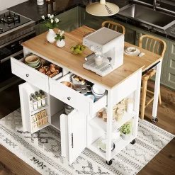 Îlot de Cuisine - desserte Multifonction avec Rangement Ajustable et Porte-Serviettes - Métal, MDF - Blanc 120x50-81,5x92 cm