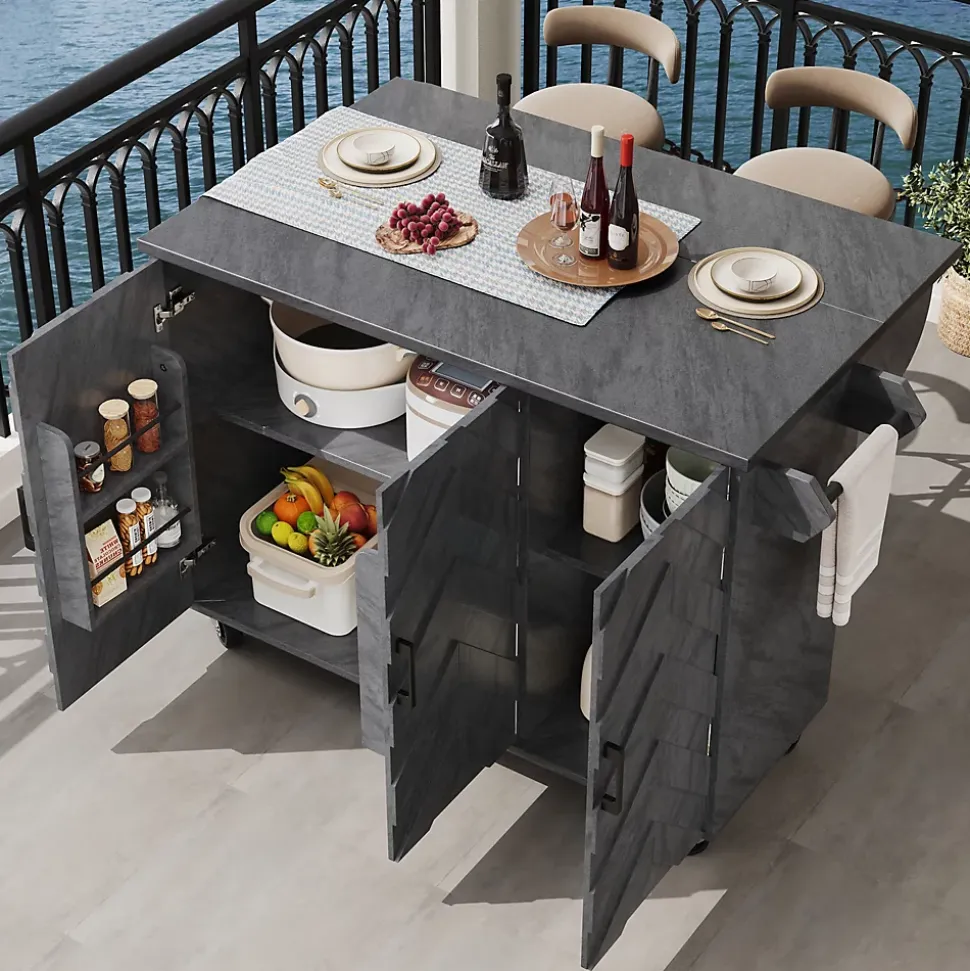Îlot de Cuisine - desserte avec Tablette Extensible et Rangement Modulable, MDF Métal, Gris 118x45-75x92 cm
