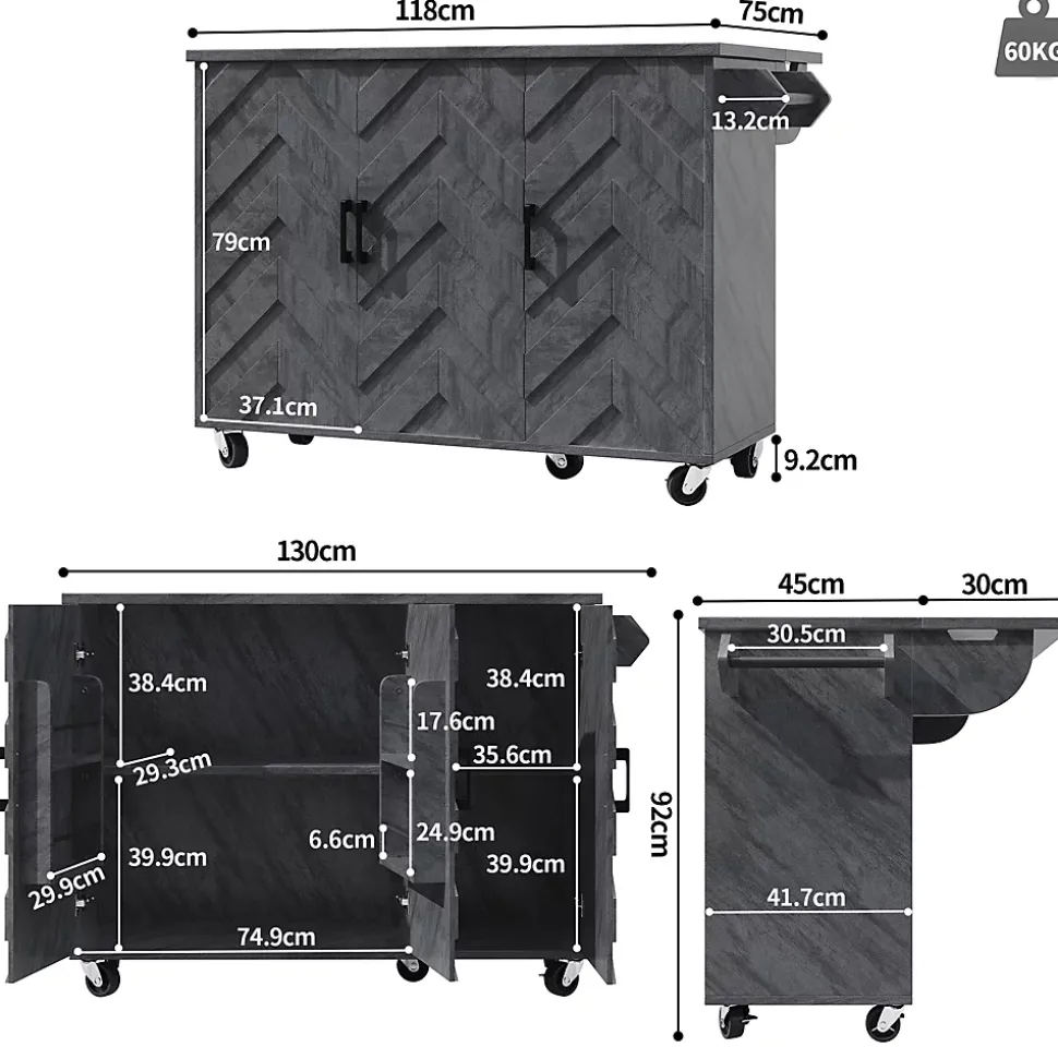 Îlot de Cuisine - desserte avec Tablette Extensible et Rangement Modulable, MDF Métal, Gris 118x45-75x92 cm