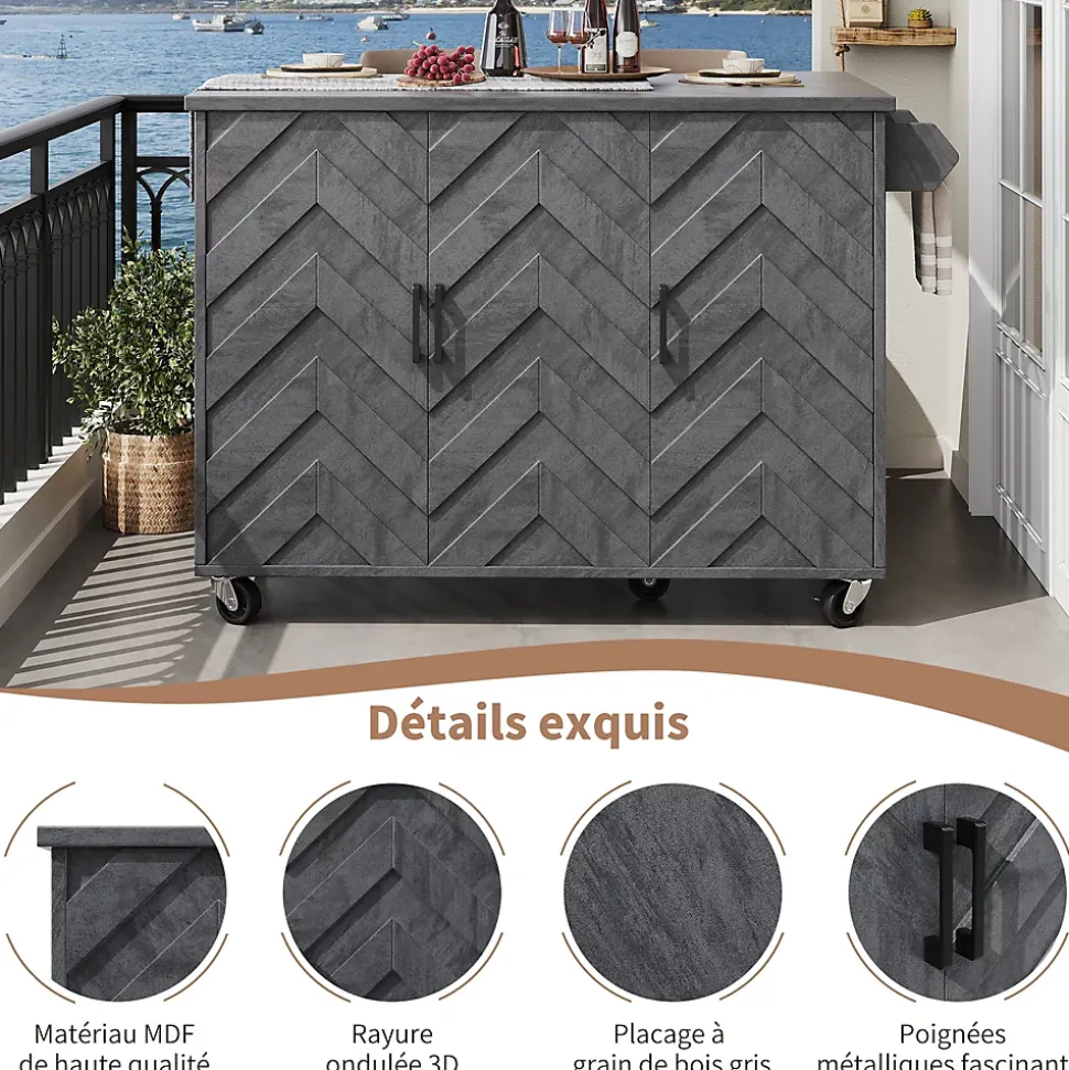 Îlot de Cuisine - desserte avec Tablette Extensible et Rangement Modulable, MDF Métal, Gris 118x45-75x92 cm