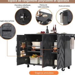 Îlot de Cuisine - desserte avec Tablette Extensible et Rangement Modulable, MDF Métal, Gris 118x45-75x92 cm