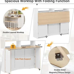 Îlot de Cuisine - Desserte de Cuisine Multifonction avec Table Pliante et 2 Chaises - Compartiments Ouverts - MDF + PB - Blanc