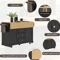 Îlot de Cuisine - desserte de Cuisine Multifonction avec Étagères Réglables et Rangement - MDF Métal - Noir 120x40-80x95 cm