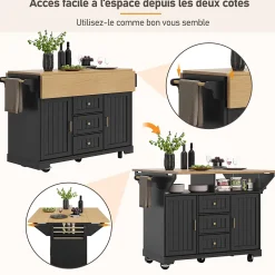 Îlot de Cuisine - desserte de Cuisine Multifonction avec Étagères Réglables et Rangement - MDF Métal - Noir 120x40-80x95 cm