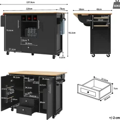 Îlot de cuisine, 120 x 73 x 92 cm, avec plan de travail rabattable, tiroirs et étagères réglables, noir