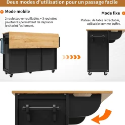 Îlot de cuisine, 120 x 73 x 92 cm, avec plan de travail rabattable, tiroirs et étagères réglables, noir