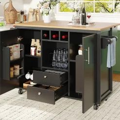 Îlot de cuisine, 120 x 73 x 92 cm, avec plan de travail rabattable, tiroirs et étagères réglables, noir