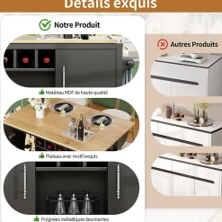 Îlot de cuisine, 120 x 73 x 92 cm, avec plan de travail rabattable, tiroirs et étagères réglables, noir