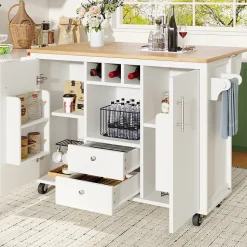 Îlot de cuisine, 120 x 73 x 92 cm, avec plan de travail rabattable, tiroirs et étagères réglables, blanc