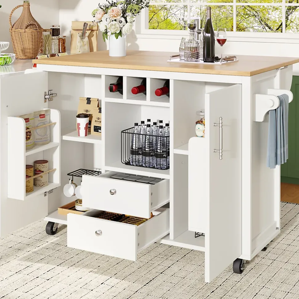 Îlot de cuisine, 120 x 73 x 92 cm, avec plan de travail rabattable, tiroirs et étagères réglables, blanc