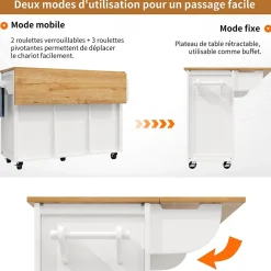 Îlot de cuisine, 120 x 73 x 92 cm, avec plan de travail rabattable, tiroirs et étagères réglables, blanc