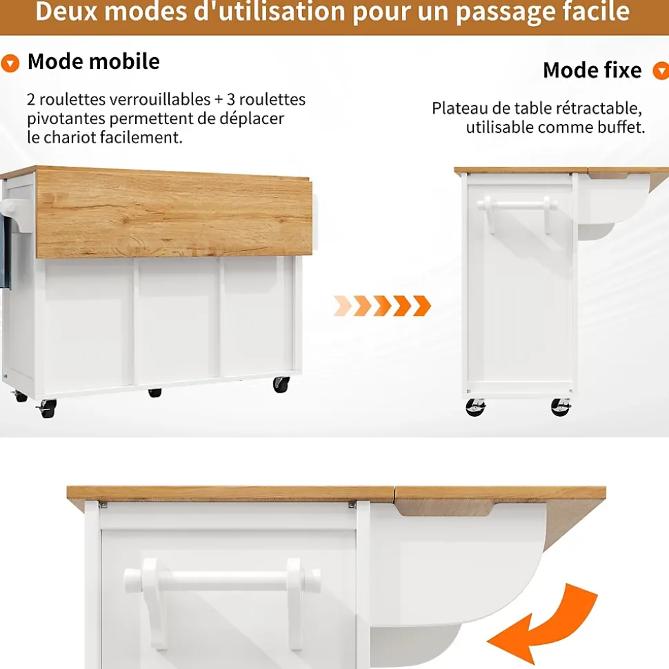 Îlot de cuisine, 120 x 73 x 92 cm, avec plan de travail rabattable, tiroirs et étagères réglables, blanc