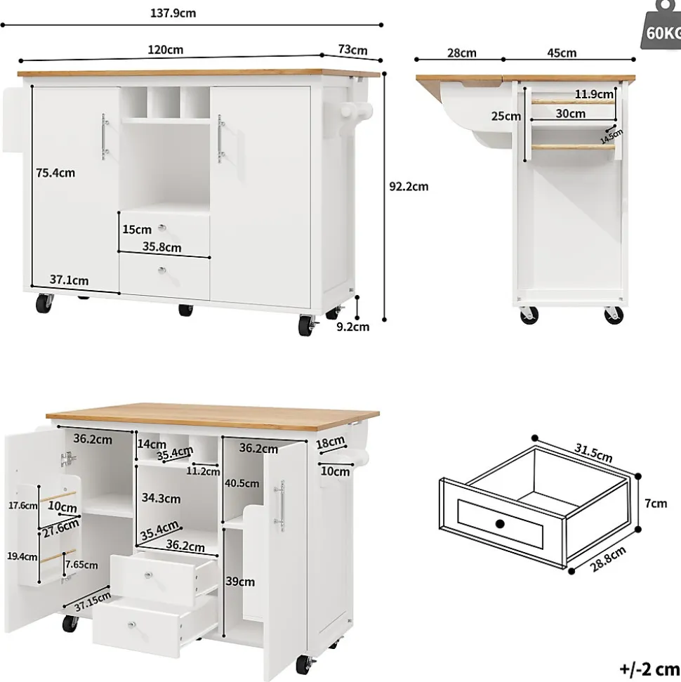 Îlot de cuisine, 120 x 73 x 92 cm, avec plan de travail rabattable, tiroirs et étagères réglables, blanc