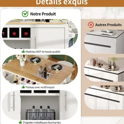 Îlot de cuisine, 120 x 73 x 92 cm, avec plan de travail rabattable, tiroirs et étagères réglables, blanc