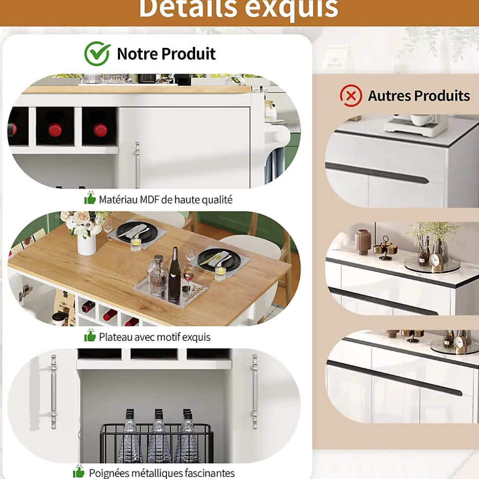 Îlot de cuisine, 120 x 73 x 92 cm, avec plan de travail rabattable, tiroirs et étagères réglables, blanc