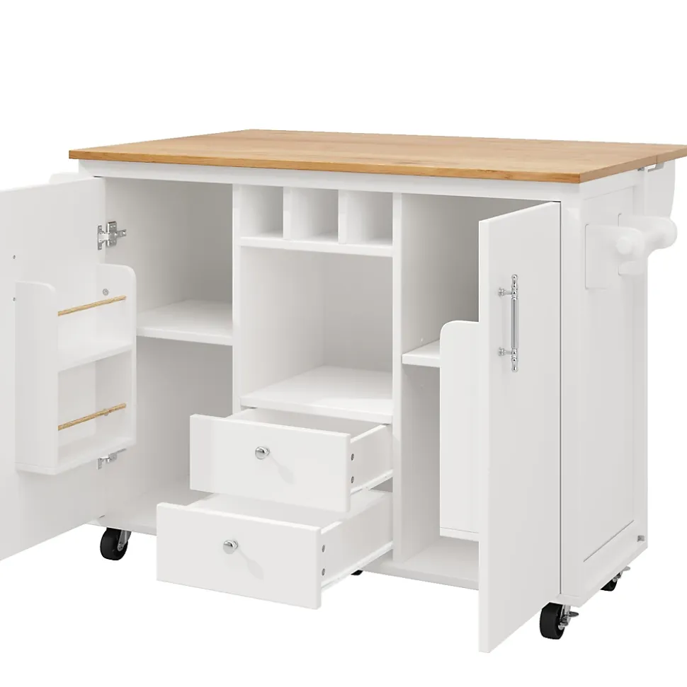 Îlot de cuisine, 120 x 73 x 92 cm, avec plan de travail rabattable, tiroirs et étagères réglables, blanc