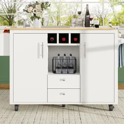 Îlot de cuisine, 120 x 73 x 92 cm, avec plan de travail rabattable, tiroirs et étagères réglables, blanc