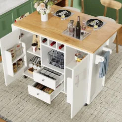 Îlot de cuisine, 120 x 73 x 92 cm, avec plan de travail rabattable, tiroirs et étagères réglables, blanc