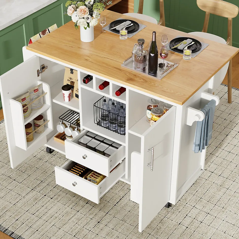 Îlot de cuisine, 120 x 73 x 92 cm, avec plan de travail rabattable, tiroirs et étagères réglables, blanc